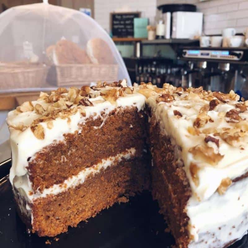 Close up of carrot cake with cream cheese frosting