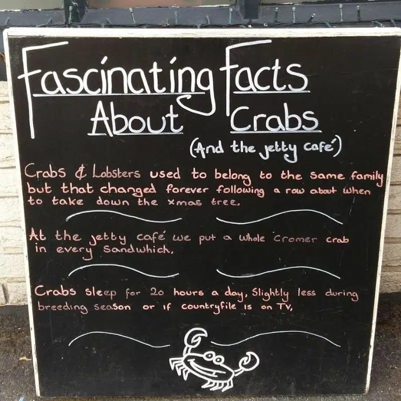 Chalkboard with information about Cromer crabs