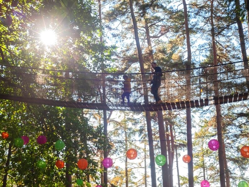 Man and child crossing a rope bridge amongst trees with colourful Chinese lanterns below