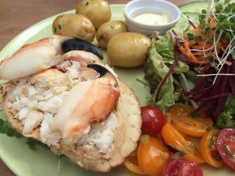 dressed and open Cromer crab on a plate with lettuce tomatoes and new potatoes