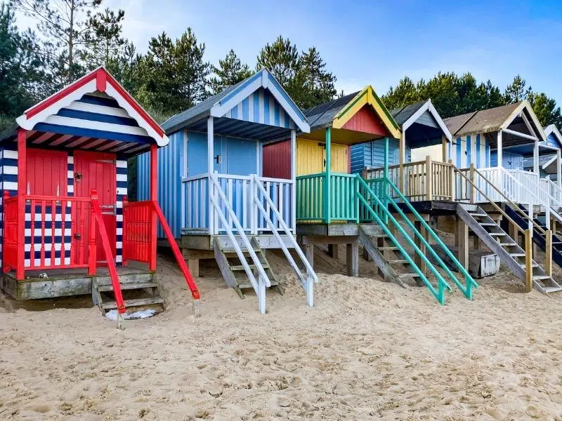 Brightly painted wooden beach huts on a sandy beach, with pine trees and blue sky behind