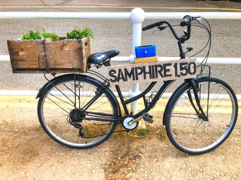 Bicyle against white railing with wood box of samphire on the rear and sign advertising it for sale 