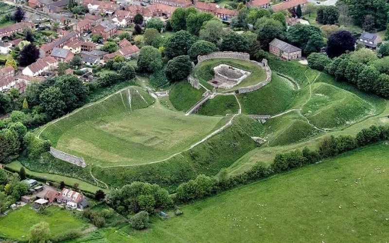 aerial shot of Castle Acre castle