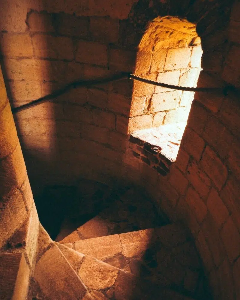 large block spiral stairs in a tower
