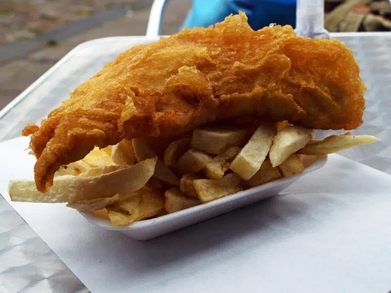 fish and chips in polystyrene tray
