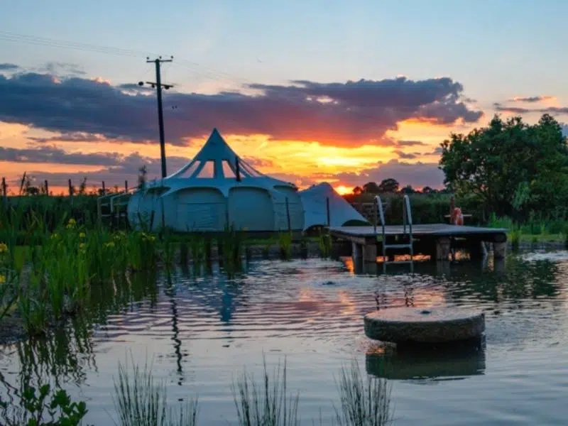 large tent with wild swimming pond and decked area