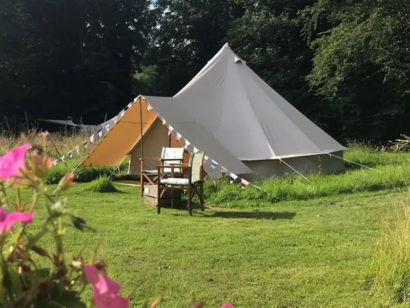 glamping tent in a grassy meadow with colourful flags