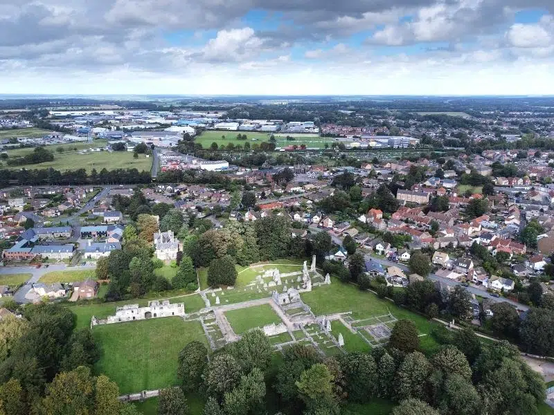 aerial view of Thetford town and Thetford Priory