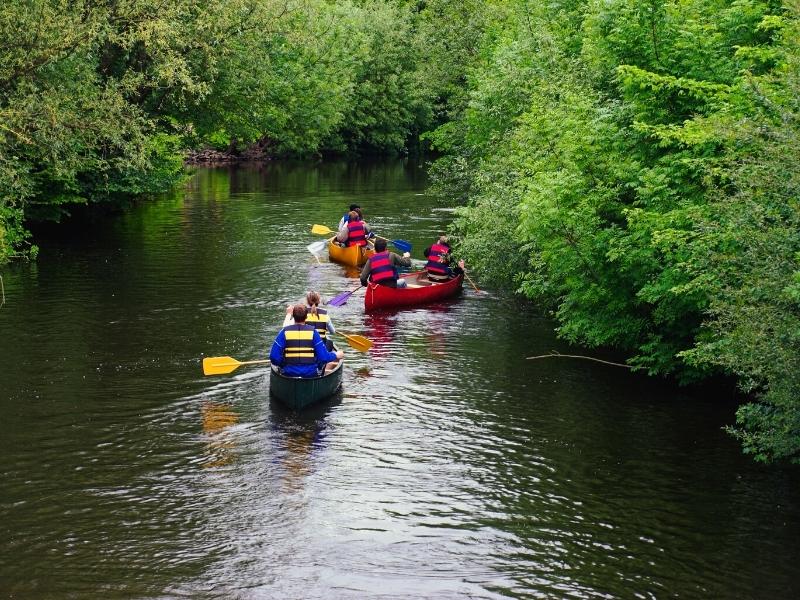 Open canoes on a river surrounded by trees