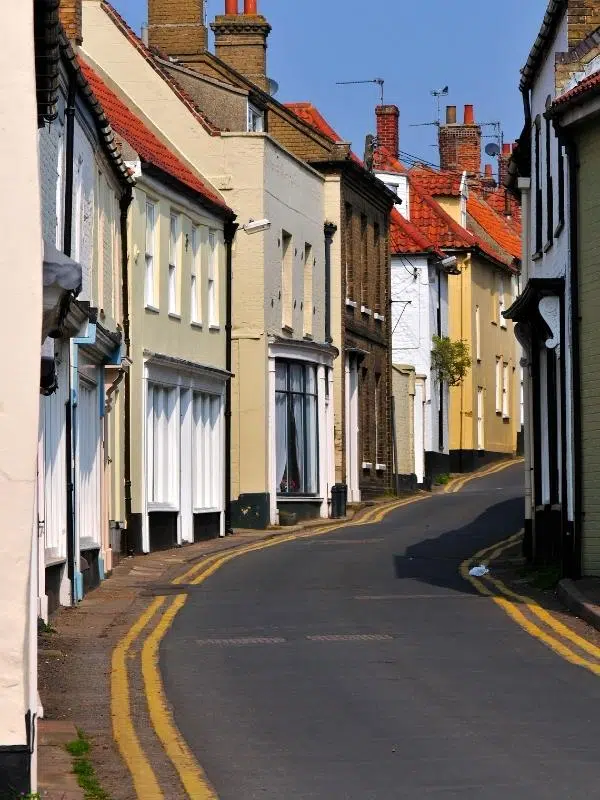 Colourful houses on street in Wells-next-the-Sea Norfolk