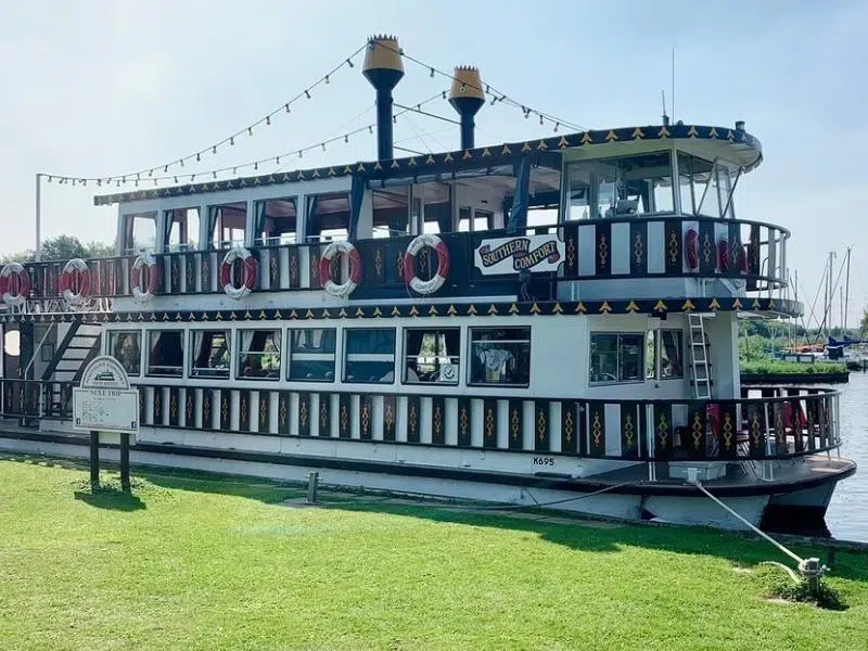 red and white paddle steamer moored on the Norfolk Broads