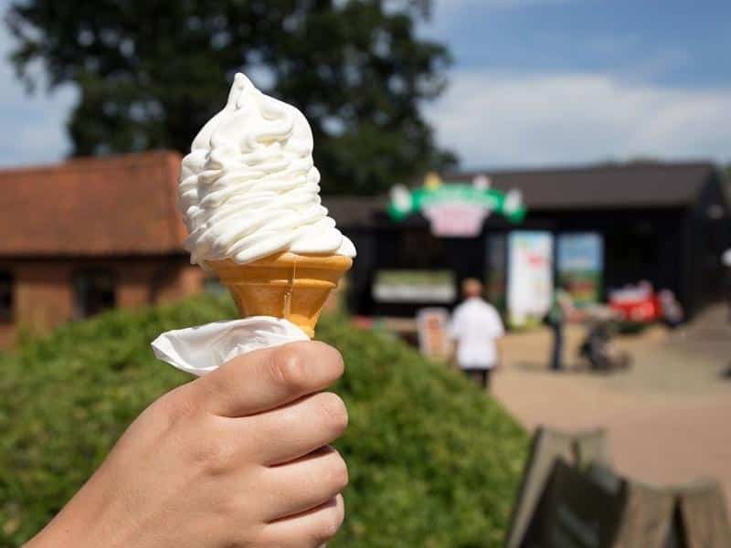 Soft ice cream in a cone being held up