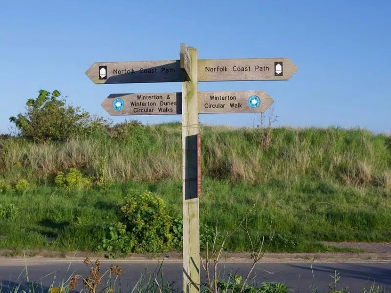 Norfolk Coast path wooden sign for Winterton Circular Walk and Winterton Dunes