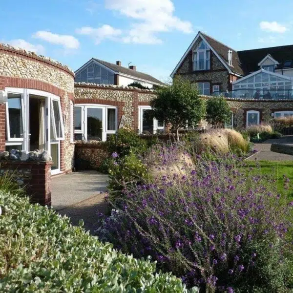 An image of the back of theWhite horse hotel, with lavender on the forefront