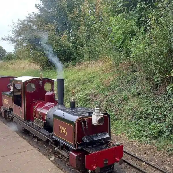 An image of a small red steam train