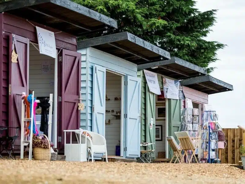 Colourful wooden huts with shops inside