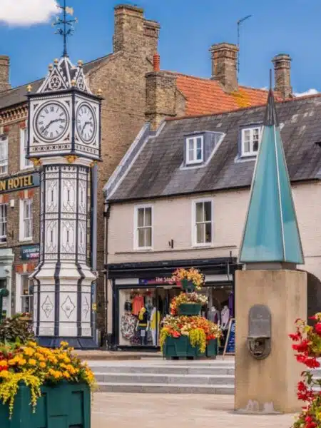 Black and white clock tower and glass and stone water pump surrounded by historic buildings