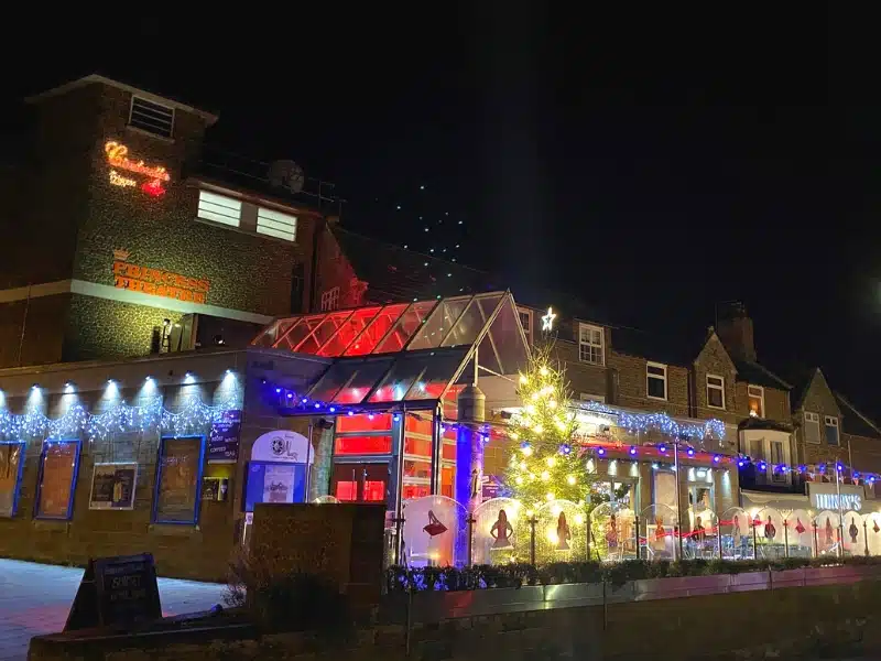 building with Christmas lights