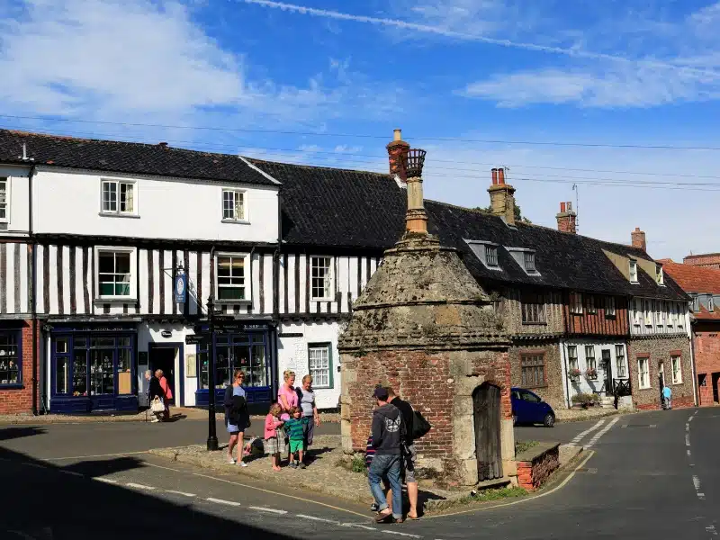 Black and white half timbered houses in an East Anglian village